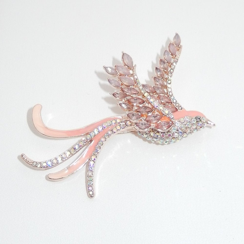 Anne Klein / Bird Brooch / Pink Crystal & Enamel In Rose Gold-Tone